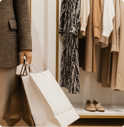 Person holding shopping bags in clothing store