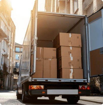 Open delivery truck with stacked boxes