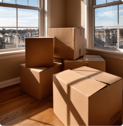 Cardboard boxes stacked in sunny room
