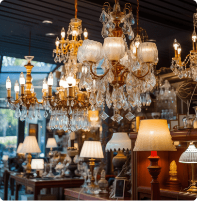 Bright showroom with ornate chandeliers